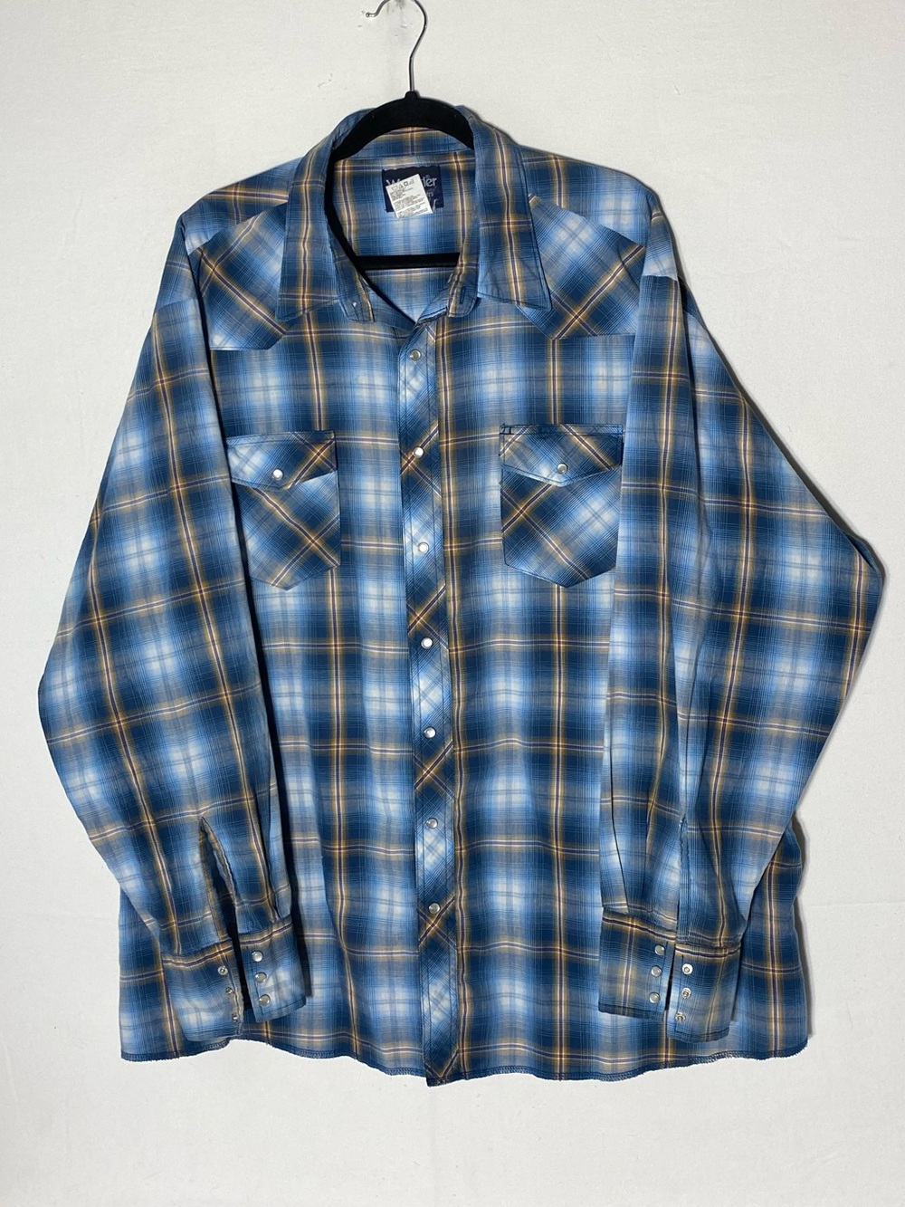 Vintage Wrangler Blue White Yellow Plaid Pearl Snap Western Shirt 3XLT Stampede